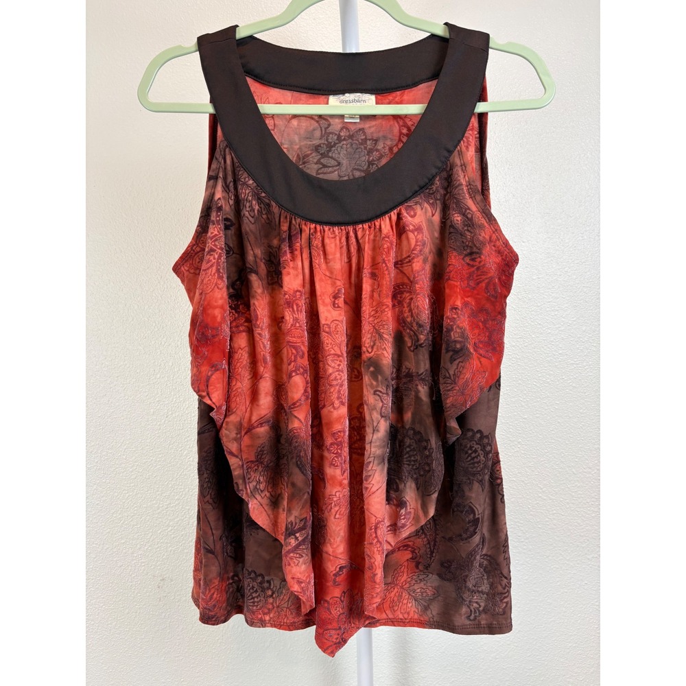 Dressbarn Y2K Boho Whimsigoth Paisley Ruffle Blouse Burnout Velvet Orange Brown